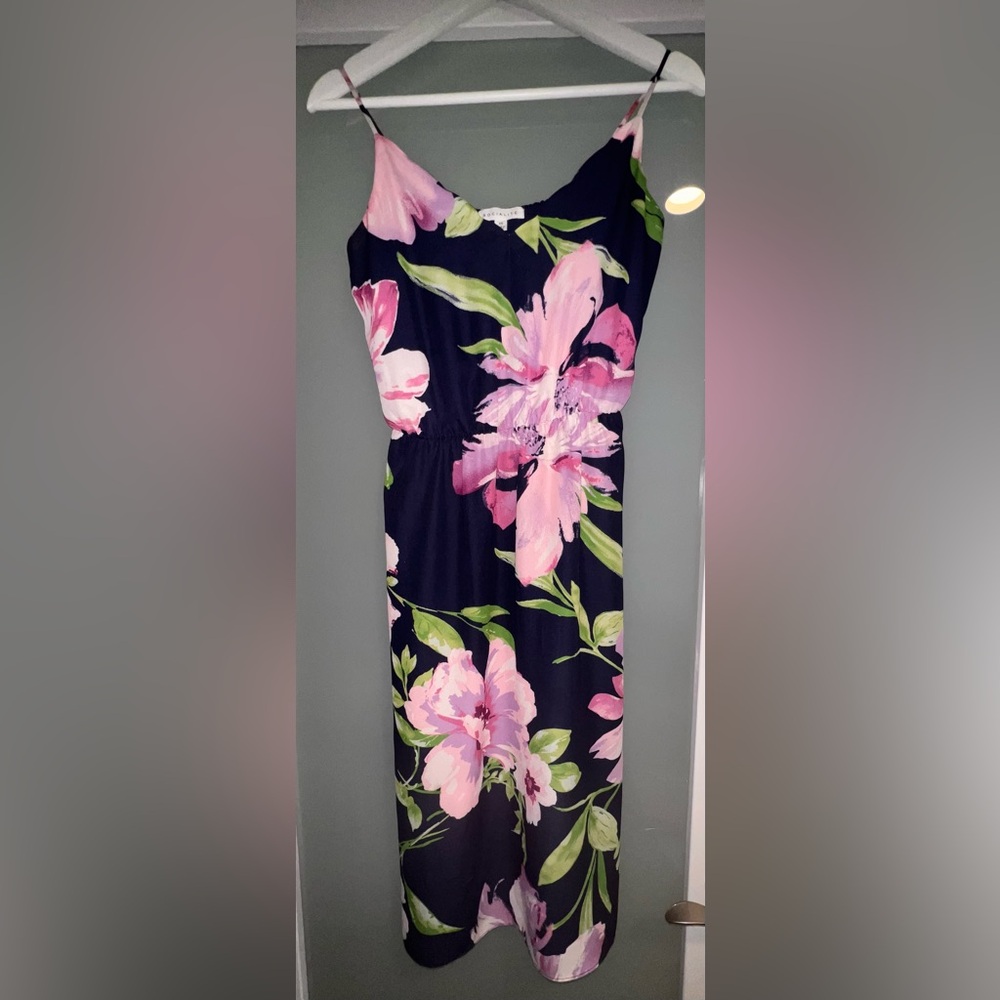 Socialite Navy Blue and Pink Spaghetti Strap Sundress Midi